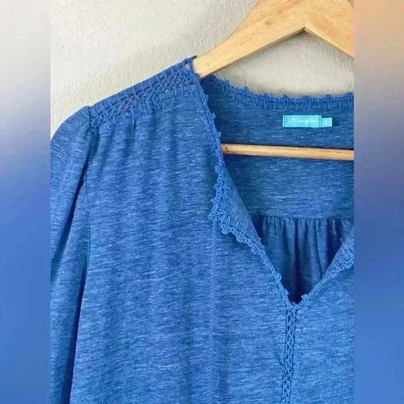J. McLaughlin Blue Linen Stitch Embroidered Tassel Casual Top Women's Small - Picture 2 of 11